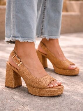 NEW Woven Platform Block Heel Sandals Slingback Heels Open Toe Buckle Strap Sz9